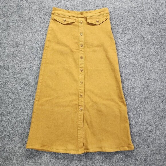 Gestuz Mustard Yellow Button-front Midi Maxi Skirt Pockets 100% Cotton 36 US 4 - Picture 1 of 12